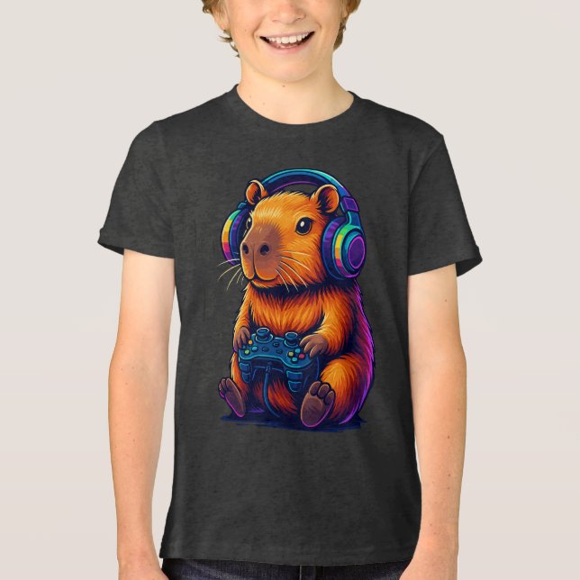 Camiseta Capivara Gamer Fofa — com Fone de Ouvido e Control (Frente)