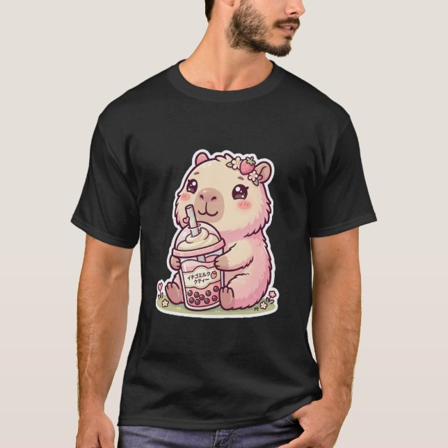 Camiseta Capivara Rosa Fofa Kawaii Bebendo Chá Bob (Frente)