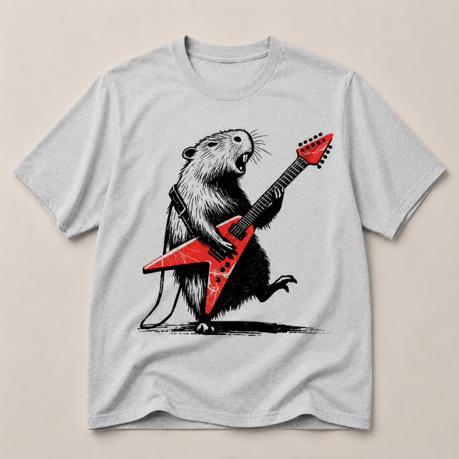 Camiseta Capivara Tocando Guitarra Elétrica com Tudo (Criador carregado)