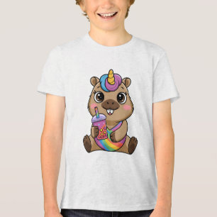 Camiseta Capivara Unicórnio Flutuar Apreciando Chá de Bolha