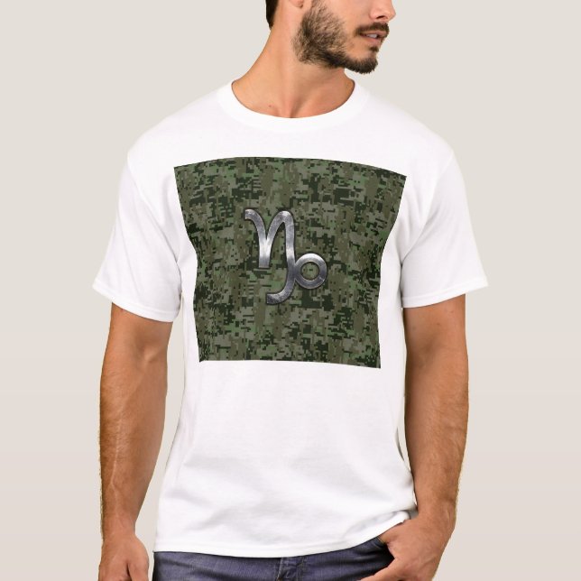 Camiseta Capricórnio Zodiac Sinal sobre o camo digital verd (Frente)