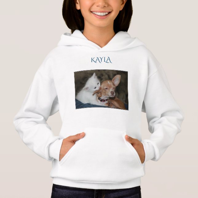 Camiseta capuz de gatinho/cão com nome personalizado. (Frente)