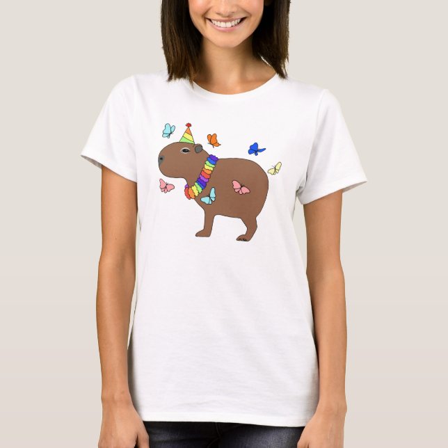 Camiseta Capybara com borboletas relaxa amigo animal bonito (Frente)