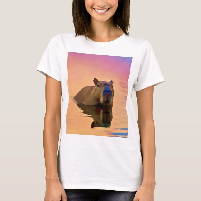Camiseta Capybara Emergente de Arte Tranquil em Lago (Frente)