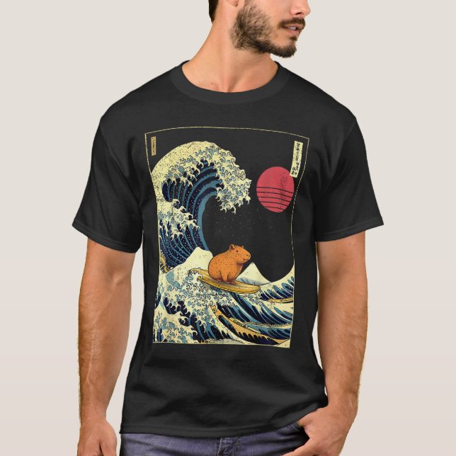 Camiseta Capybara Japanese Kanagawa Wave Funny Surf Animal  (Frente)