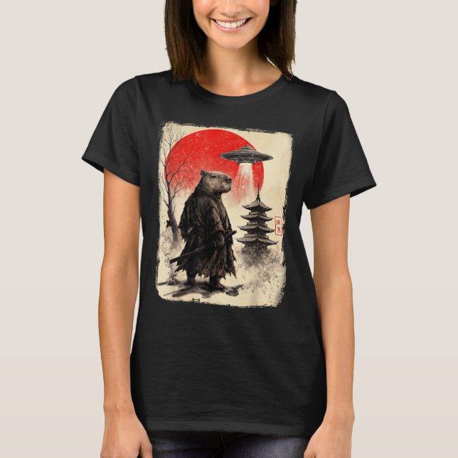 Camiseta Capybara Samurai Retro Ufo Japanese Warrior Tenshu (Frente)