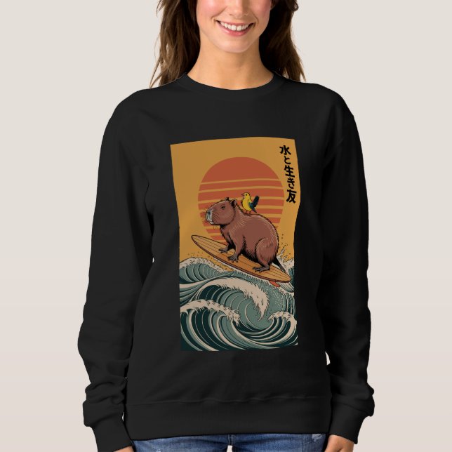 Camiseta Capybara Surfing Japanese Retro Sunset (Frente)