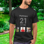 Camiseta cara aniversário de 21 anos personalizada de fotog<br><div class="desc">Para uma aniversário de 21 anos como presente ou para a festa. Uma colagem de 3 fotos de seus amigos,  família,  interesse ou animais de estimação. Personalize e adicione seu nome,  21 anos e uma data. Data de nascimento ou data da festa de aniversário. Cinza e texto branco.</div>