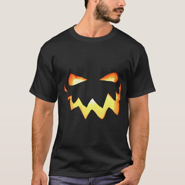Camiseta Cara de Abóbora Brilhante do Halloween Preto (Frente)
