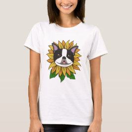 Camiseta Cara de cachorro Boston Terrier fofa em girassol