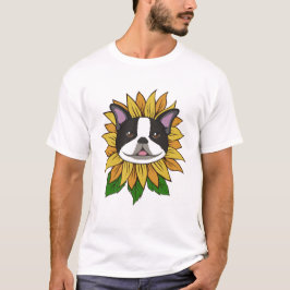 Camiseta Cara de cachorro Boston Terrier fofa em girassol