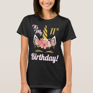 Camiseta Cara de Unicórnio Flor É o meu 11 Aniversário Feli