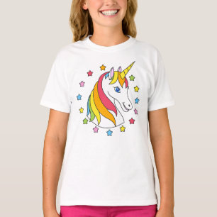 Camiseta Cara de Unicórnio Mágico Fofo e estrelas Colorido