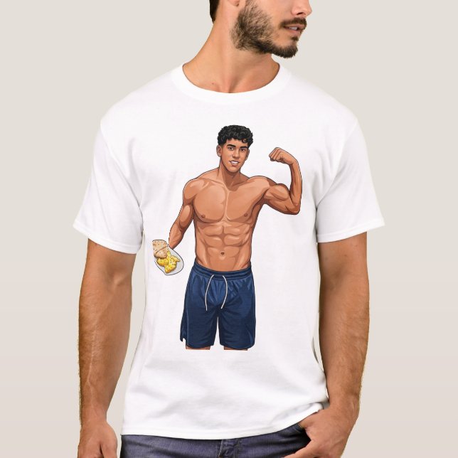 Camiseta "Cara Fitness da Moda com Omelete e Pão" Vector (Frente)