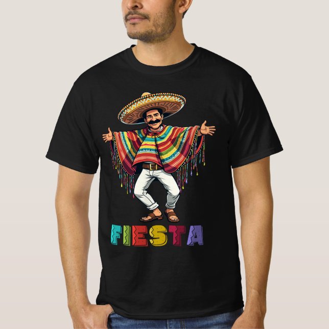 Camiseta Cara Mexicana Em Poncho Dançando Fiesta Cinco De M (Frente)