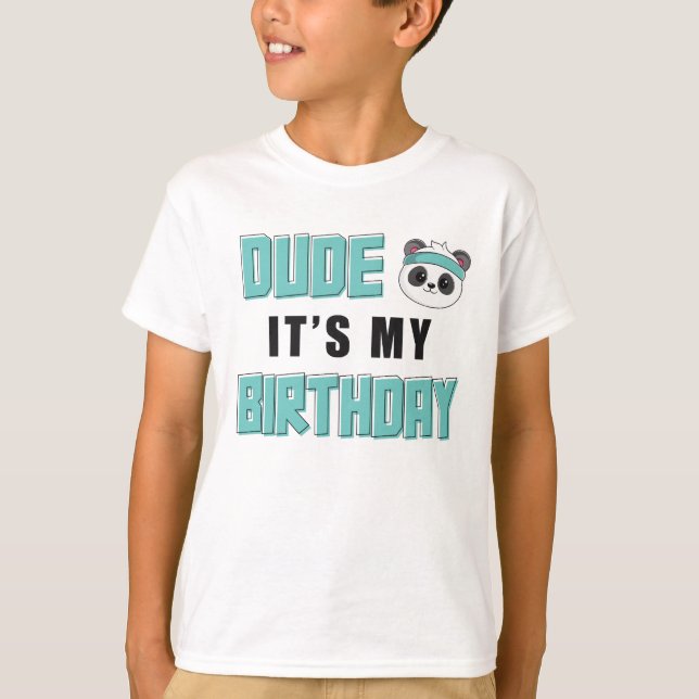 Camiseta Cara Teal e Panda Negra Garoto de Aniversário (Frente)