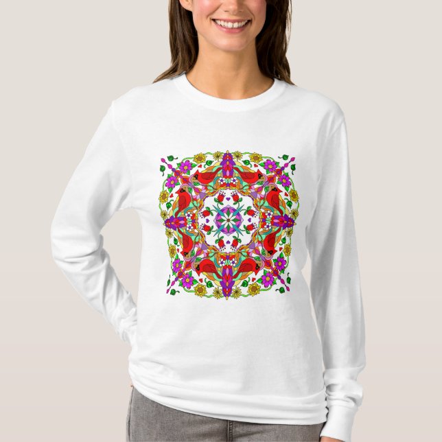 Camiseta Cardeal vermelho e flores coloridas Mandala (Frente)