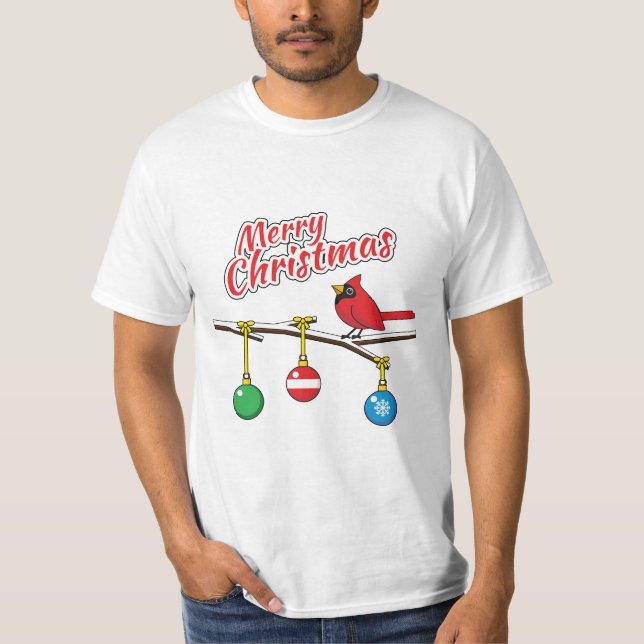 Camiseta Cardeal Vermelho no Ramal da Bare de Natal - Feliz (Frente)