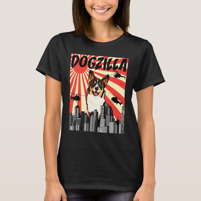 Camiseta Cardigan Retro Japonês Dogzilla Welsh Corgi (Frente)