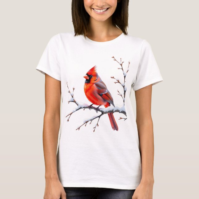 Camiseta Cardinal rouge sur branche enneigée – Beauté hiver (Frente)
