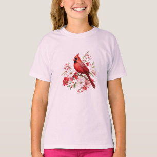Camiseta Cardinal Vermelho Floral Observador de Pássaros Aq