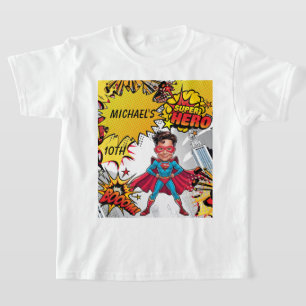 Camiseta Caricatura de super-heróis vermelho e amarelo vibr