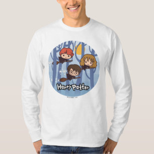Camiseta Caricatura Harry, Ron E Hermione Voando Em Florest