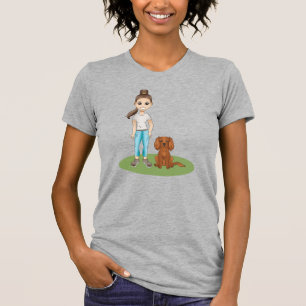 Camiseta Caricatura Rapariga e Ruby Cavalier Spaniel Cão