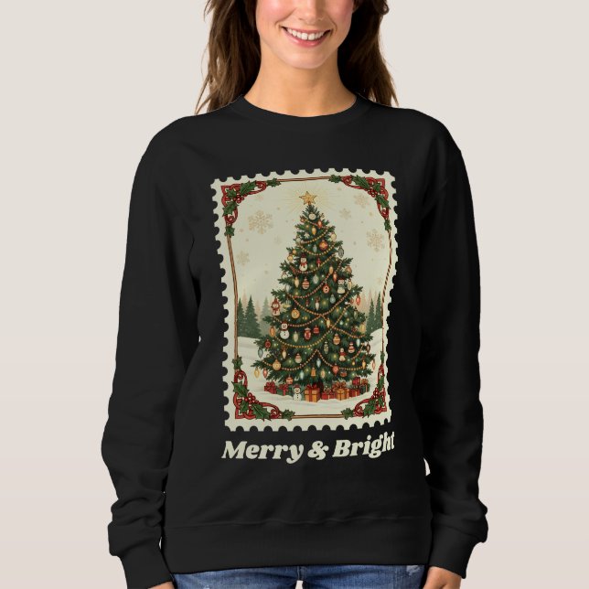 Camiseta Carimbo da Feliz e Árvore de Natal Brilhante (Frente)