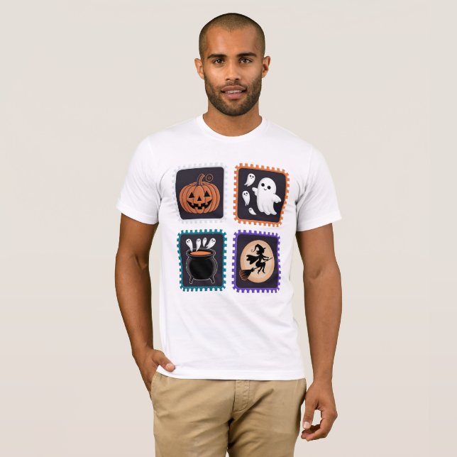 Camiseta Carimbo de Halloween Design - Abóbora, Fantasma (Frente Completa)