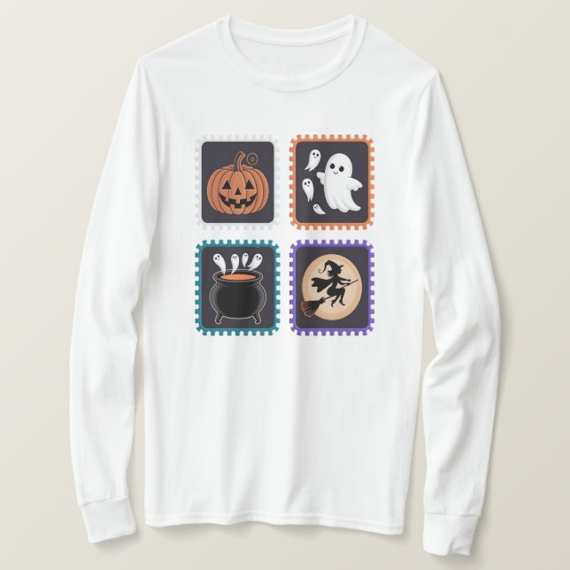 Camiseta Carimbo de Halloween Design - Abóbora, Fantasma (Frente do Design)