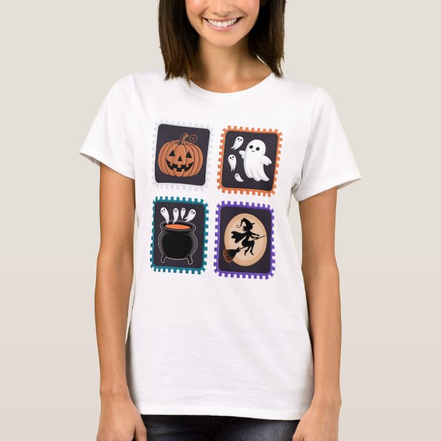 Camiseta Carimbo de Halloween Design - Abóbora, Fantasma (Frente)