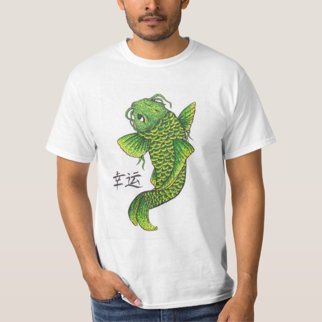 Camiseta Carpa de Peixe de Koi Verde Sortudo (Frente)