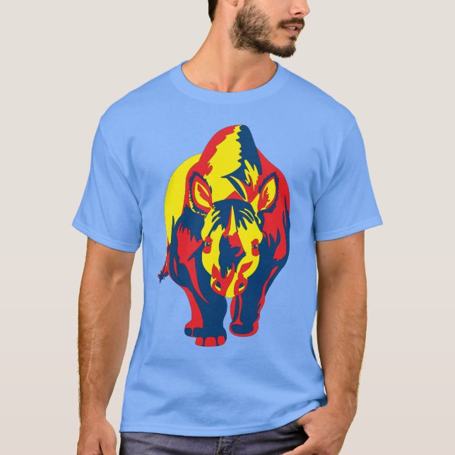 Camiseta Carregamento Rinoceronte-Azul-Amarelo-Vermelho (Frente)