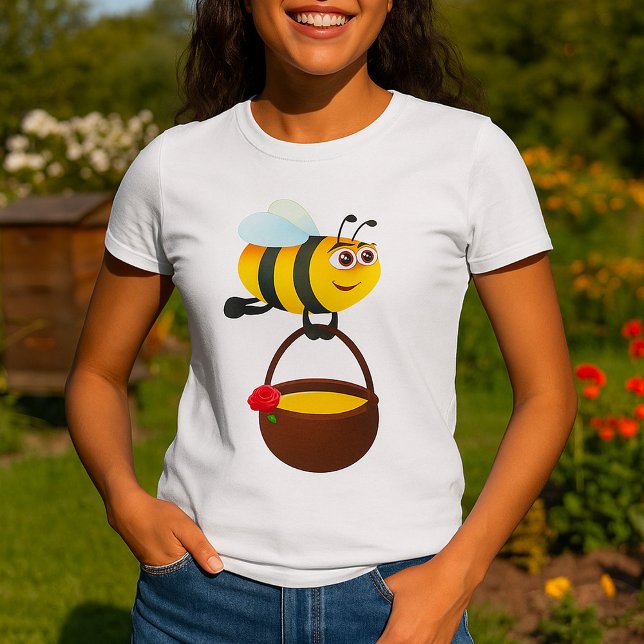 Camiseta Carregando de abelha-branca com Pote de mel com fl (Criador carregado)