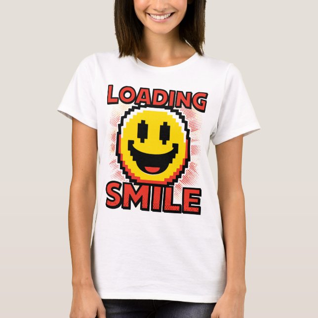 Camiseta Carregando Smile – Rosto Sorridente Retro Pixel Ar (Frente)