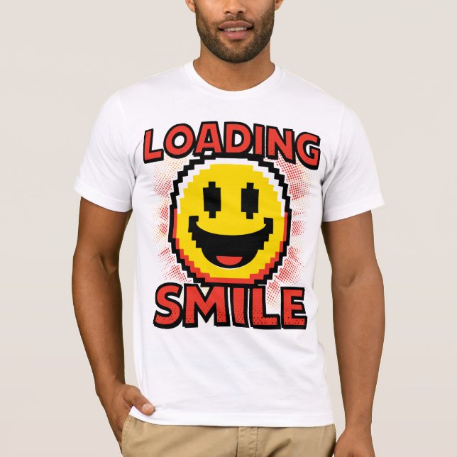 Camiseta Carregando Smile – Rosto Sorridente Retro Pixel Ar (Frente)