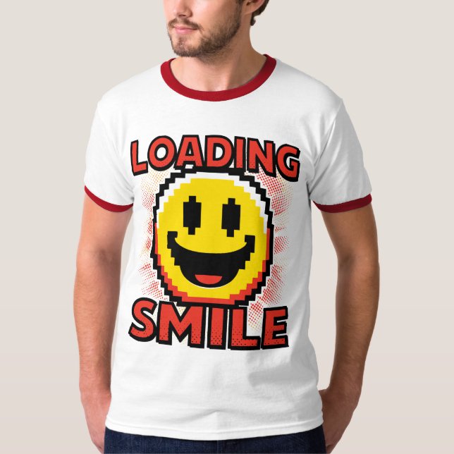 Camiseta Carregando Smile – Rosto Sorridente Retro Pixel Ar (Frente)