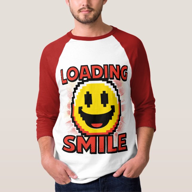 Camiseta Carregando Smile – Rosto Sorridente Retro Pixel Ar (Frente)