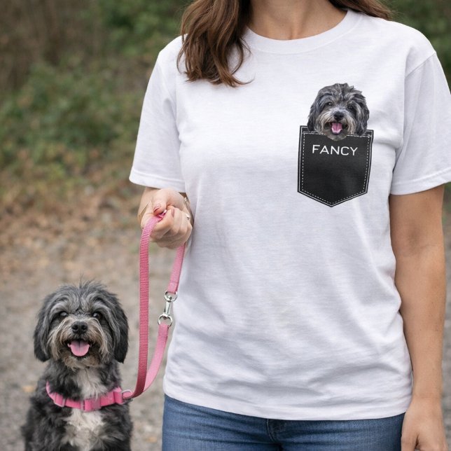 Camiseta Carregar o Nome e o Rosto de Foto Pet Personalizad (Custom Pet Pocket Upload Dog Photo & Name Shirt)