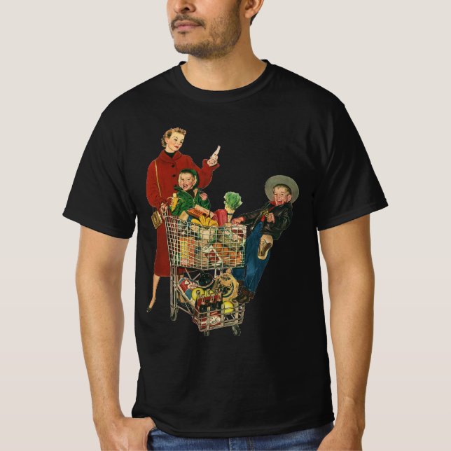 Camiseta Carrinho de Compro da Família Retro, Mãe e Criança (Frente)