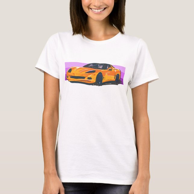 Camiseta Carrinho de Corveta Laranja C6 com Faixa Rosa (Frente)