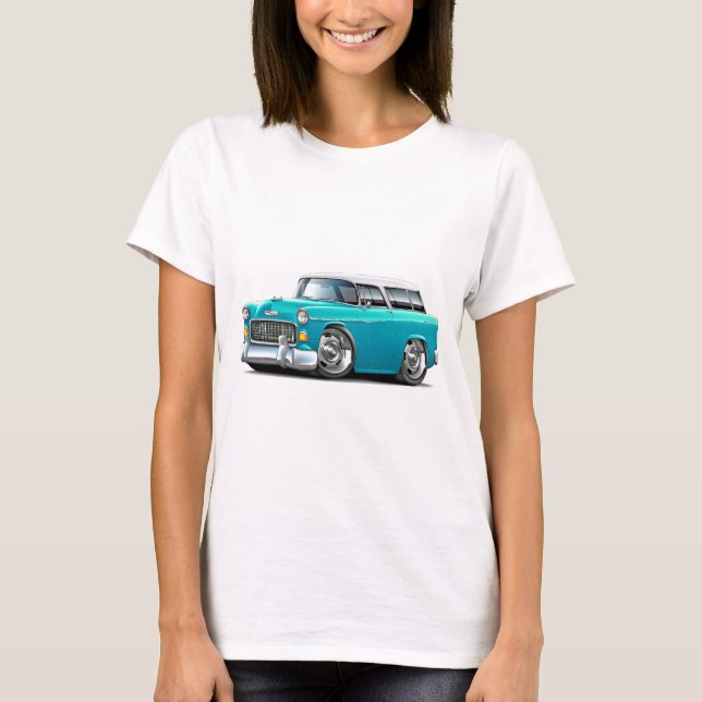 Camiseta Carro 1955 Turquesa-Branco do nómada de Chevy (Frente)