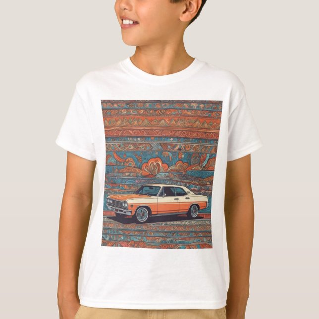 Camiseta Carro clássico com padrão azul e laranja (Frente)
