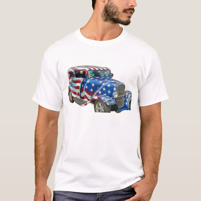 Camiseta Carro Clássico de Bandeira Americana (Frente)