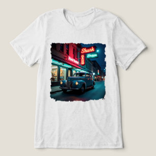 Camiseta Carro Clássico dos Anos 1940 sob Luzes de Neon