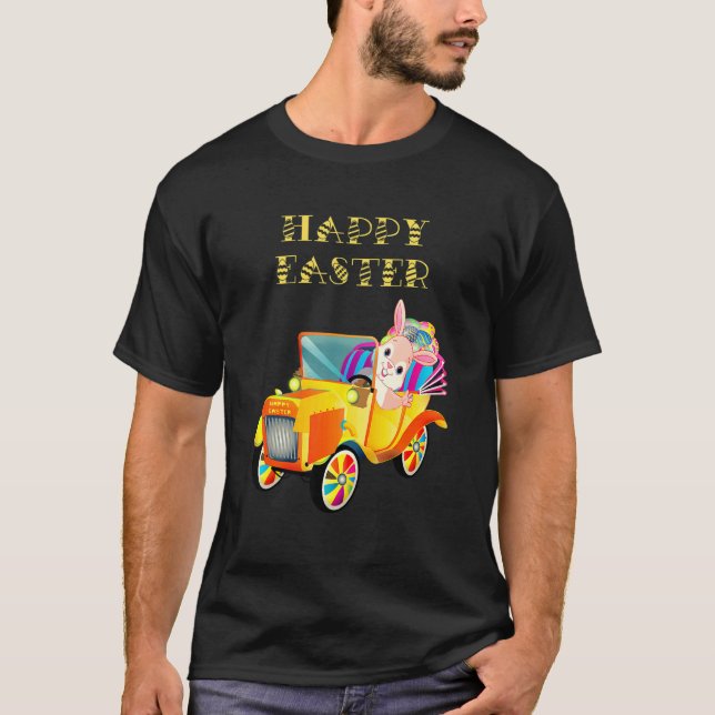 Camiseta Carro de condução de coelho felz pascoa (Frente)