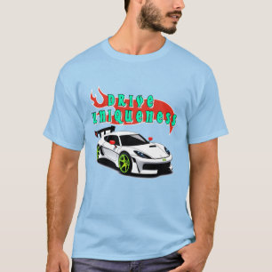Camiseta Carro de Corrida Branco Elegante com Acentos Neon 