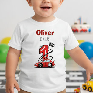 Camiseta Carro de Corrida Vermelho Rápido Primeiro Aniversá