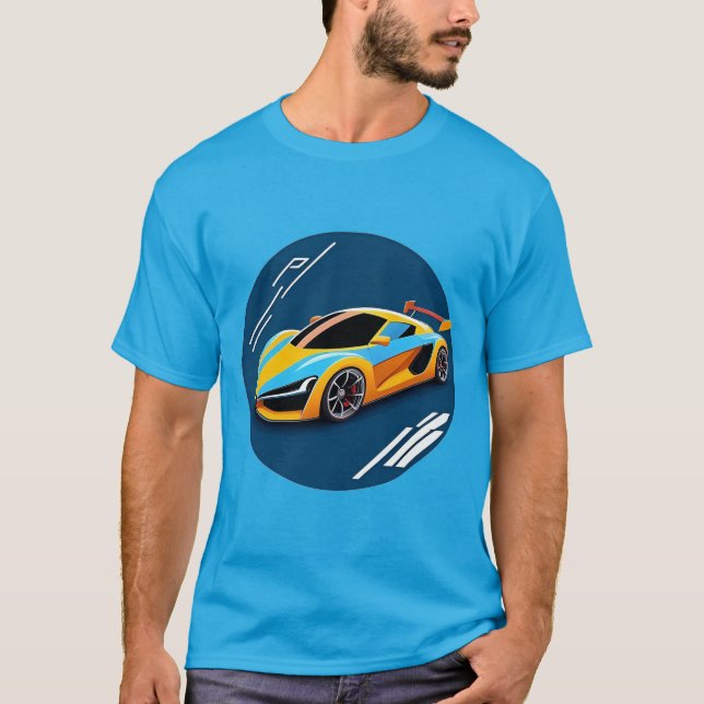 Camiseta Carro Esportivo Amarelo em Fundo Azul (Frente)